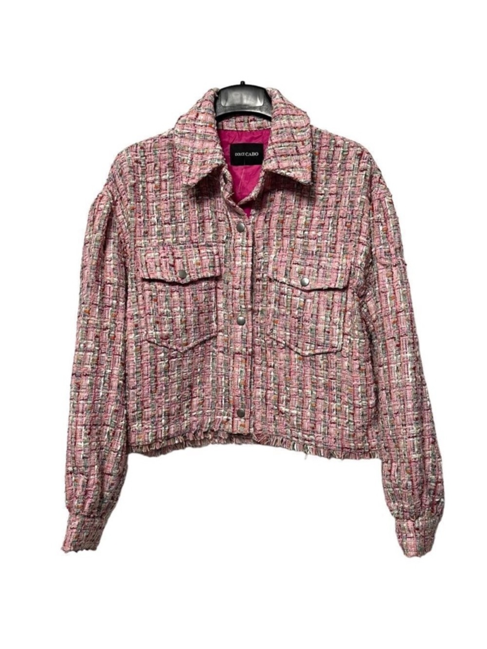 NWOT DOLCE CABO Chloe Pink Tweed Cropped Fringe Jacket M